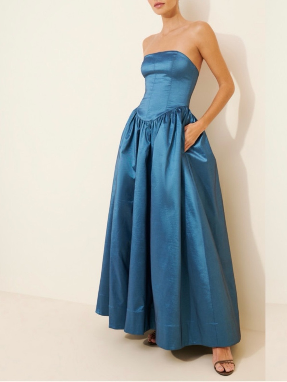Strapless Teal Satin Ball Gown Dress